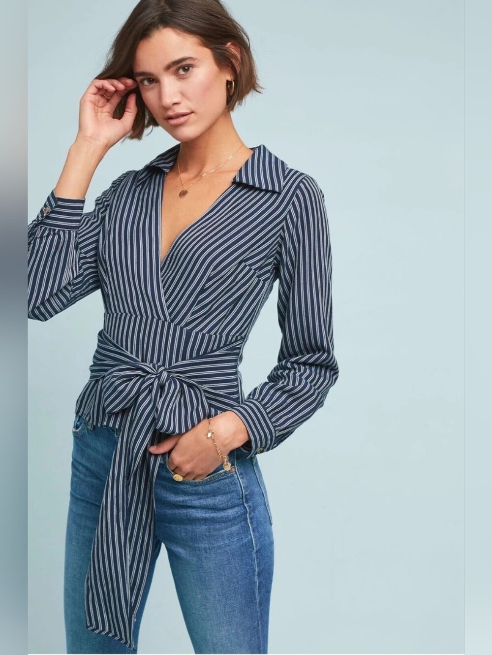 NWT Maeve by Anthropologie women's top size 4, Navy Blue/White Stripes